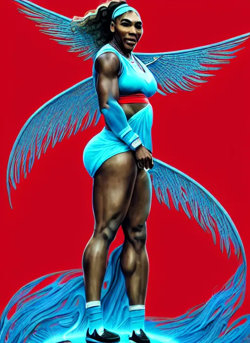 Prompt: serena williams as nike godess of victory, wings, wax figure, glowing eyes, volumetric lights, red and cyan theme, art nouveau botanicals, intricate, highly detailed, digital painting, artstation, concept art, smooth, sharp focus, cinematic, illustration, beautiful face, art by artgerm and greg rutkowski and alphonse mucha