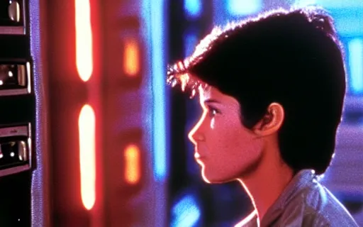 Image similar to full - color cinematic movie still from the 1 9 7 9 film alien starring young phoebe cates as lieutenant ripley. detailed facial - features ; suspense ; action.