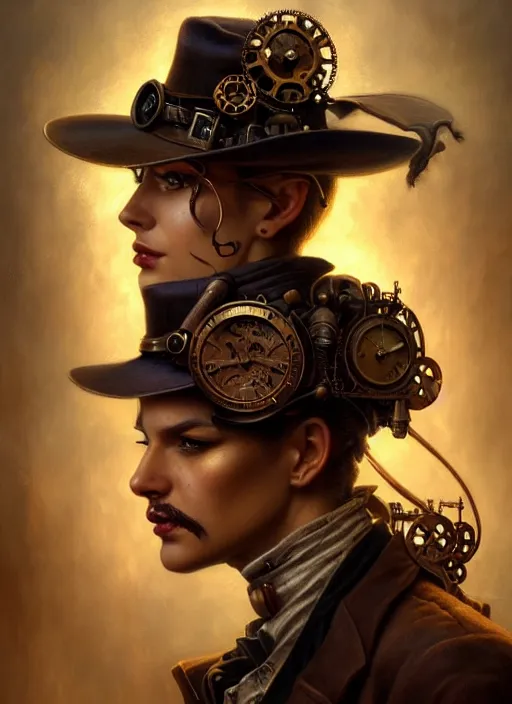 Image similar to closeup portrait shot of a steampunk detective in a scenic cyberpunk mystery environment, intricate, elegant, highly detailed, centered, digital painting, artstation, concept art, smooth, sharp focus, illustration, artgerm, tomasz alen kopera, peter mohrbacher, donato giancola, joseph christian leyendecker, wlop, boris vallejo