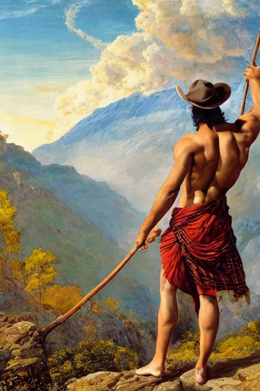 Prompt: a dramatic epic beautiful painting of a shirtless desi man on a mountain path | he is wearing a plaid kilt and cowboy hat, and holding a walking stick | background is mountains and clouds | dramatic lighting, golden hour, homoerotic | by walter crane, by gaston bussiere, by tom of finland | trending on artstation