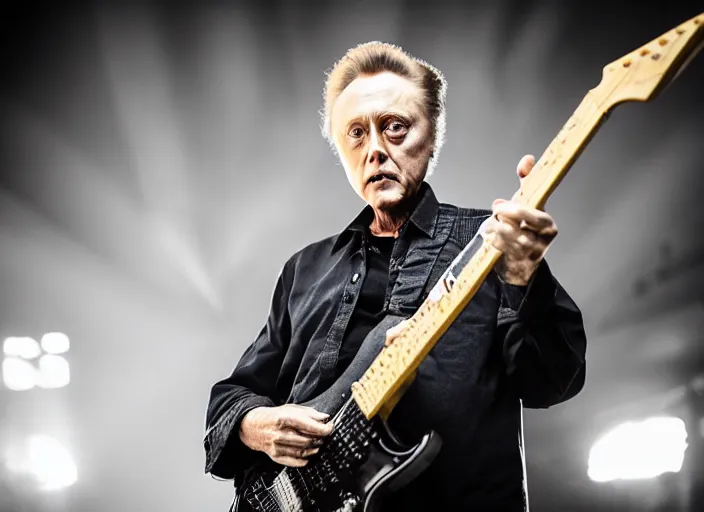 Image similar to photo still of christopher walken on stage at vans warped tour!!!!!!!! at age 5 5 years old 5 5 years of age!!!!!!! shredding on guitar, 8 k, 8 5 mm f 1. 8, studio lighting, rim light, right side key light