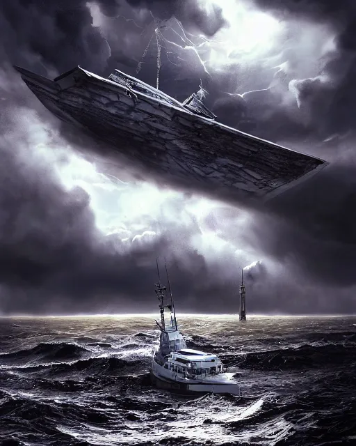 Prompt: a fishing boat on stormy seas, a gigantic star destroyer spaceship flying overhead, the spaceship is ready to fire, the gigantic star destroyer spaceship is emerging from storm clouds, sunset lighting, stormy weather, dramatic lighting, unreal engine, hyper realism, realistic shading, cinematic composition, realistic render, octane render, detailed textures, photorealistic, ultrawide shot, 1 6 mm lens