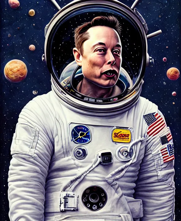 Prompt: full portrait of elon musk as an astronaut, hyper detailed, award winning, exploring the galaxy painting by chiara bautista and karl kopinski and kim jung giu and weta studio, and lucasfilm and jesper ejsing and norman rockwell greg rutkowski frank frazzeta