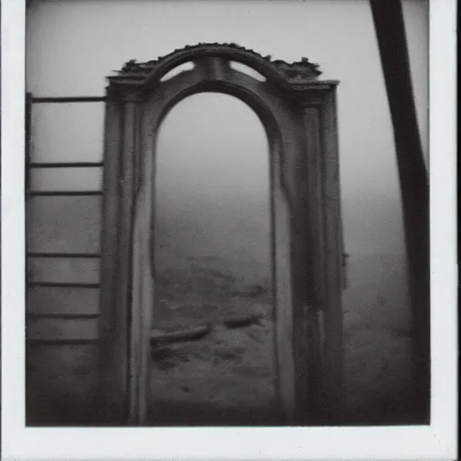 Prompt: old polaroid of a realistic gateway to hell, there flames everywhere, black and white