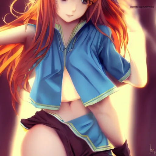 Image similar to picture : a beautiful young redhead anime girl, sky blue eyes, bikini, golden miniskirt, highly detailed, cinematic wallpaper by stanley artgerm lau