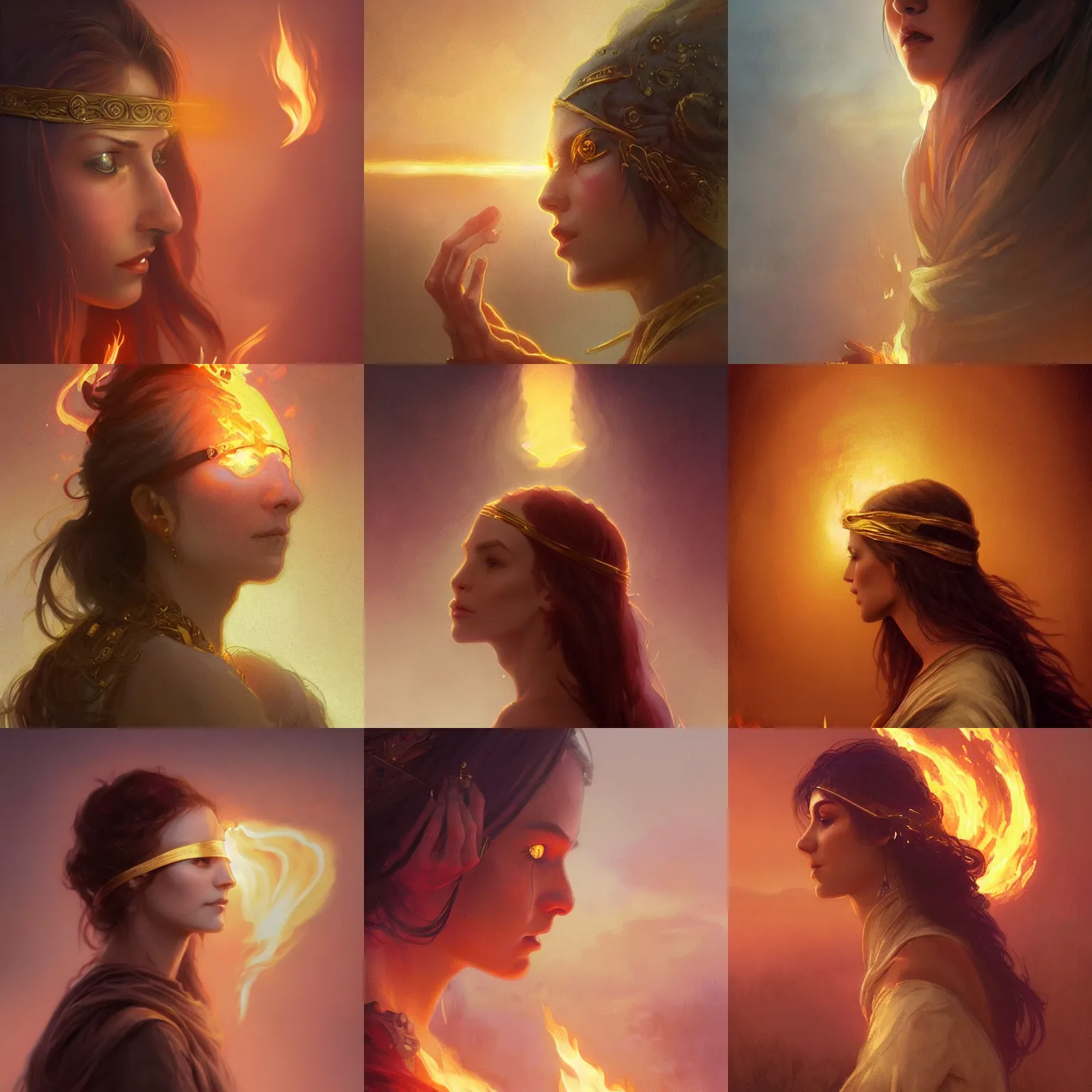 Prompt: woman, face profile, gold, fog, blindfold, flames on hands, magic, sunset, D&D character, by greg rutkowski, epic fantasy, detailed illustration, hd, 4k, overdetailed art by Alfons Mucha, complementing colors, Trending on artstation, deviantart