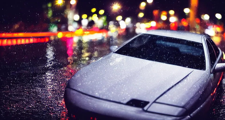 Image similar to close up macro shot of a honda prelude car on wet city street at night intricate hyper detailed smooth high contrast neon volumetric li