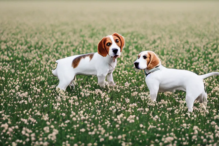 Image similar to white and brown beagle dog playing a flowery field by Hsiao-Ron Cheng