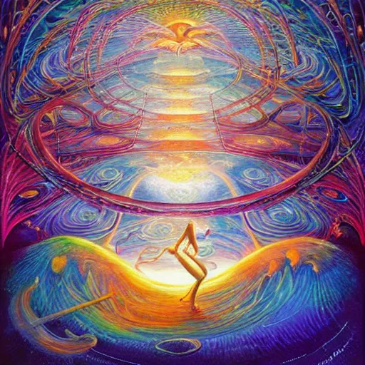 Image similar to expressive intense oil paintinf of the silver serenade connects to the laced transmission symphony of the celestial psylocibin by ron of the moonlight forest by alex grey, ron walotsky and paul lehr