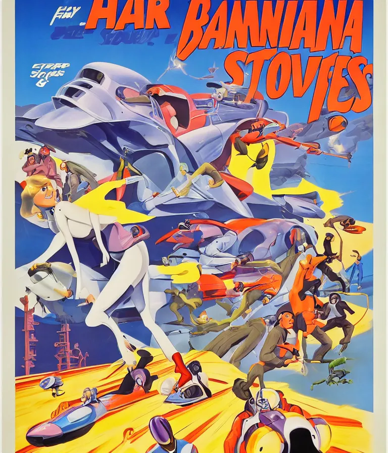 Image similar to Hannah Barbera cartoons of Five Star Stories as Whacky Races, promotional poster super detailed , xpensive production, realistic style, gouache colors, Hollywood retro cartoon poster, golden era of animation work