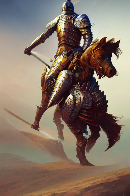 Image similar to a knight in armor on a thick strong horse by mike allred and moebius and karol bak sharp digital painting. dreaming latent space. matte painting, concept art. artstation. digital render. realistic, 8 k