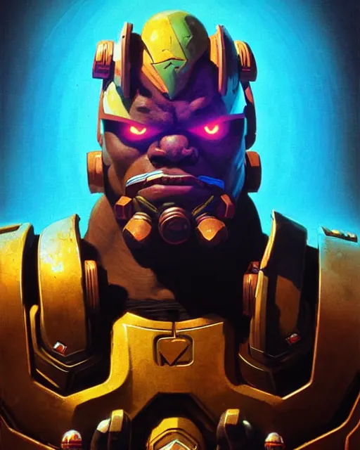Image similar to doomfist from overwatch, character portrait, portrait, close up, concept art, intricate details, highly detailed, vintage sci - fi poster, retro future, vintage sci - fi art, in the style of chris foss, rodger dean, moebius, michael whelan, and gustave dore