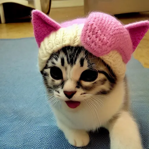 Image similar to kitten photo, wearing wool hat, tongue mlem!, cat ears