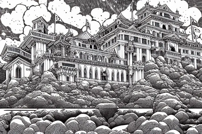 Prompt: establishing shot of a late renaissance castle on an island, key visual with intricate linework, in the style of moebius, ayami kojima, 9 0's anime, retro fantasy, studio ghibli