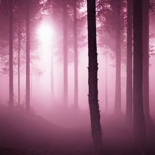 Image similar to dark forest night lights dim red volumetric rendering rave