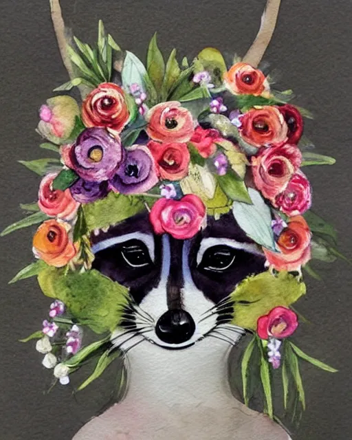 Prompt: a painting of a raccoon wearing a flower crown, a watercolor painting by annabel kidston, a storybook illustration, trending on pinterest, rococo, made of flowers, watercolor, whimsical, white paper