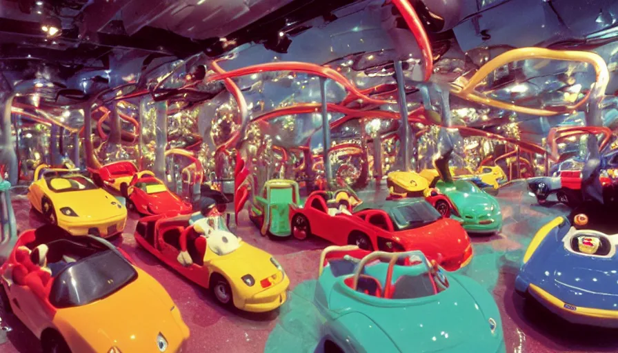 Image similar to 1990s photo of inside the Beanie Baby ride at Universal Studios in Orlando, Florida, children riding in Lamborghini through Beanie Baby Masion, cinematic, UHD