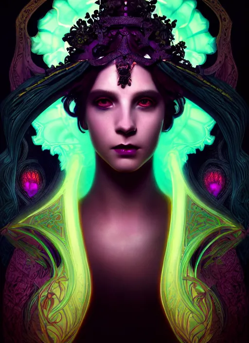 Image similar to a portrait of bio - luminescent beautiful demon queen in deep, black darkness, shining eyes, neon colors, illustration, dramatic lighting, soft details, painting oil on canvas, art nouveau, octane render, hdr, 4 k, 8 k, hd, by edmund blair leighton, brom, charlie bowater, trending on artstation, faces by tom bagshaw, sargent