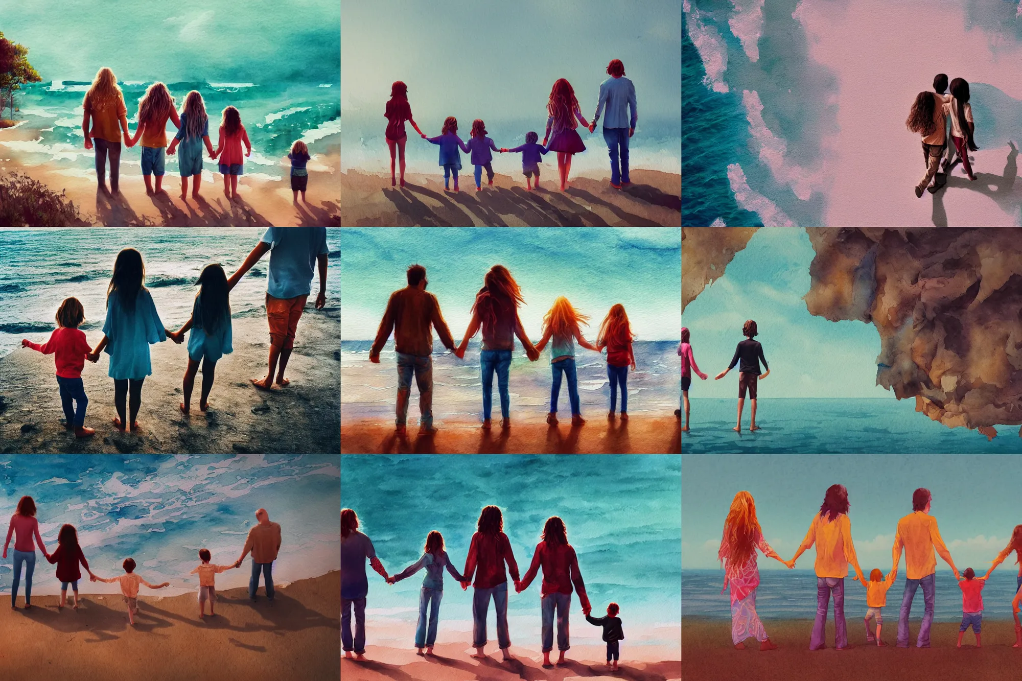 Image similar to hippie style family of woman, men, girl is taller, boy is shorter looking at the ocean holding hands, far - view, art, cinematic composition, octane render, high detail, 8 k, artstation trending, watercolor, artwork by tooth wu, colorful contrast, very coherent, thick lineart