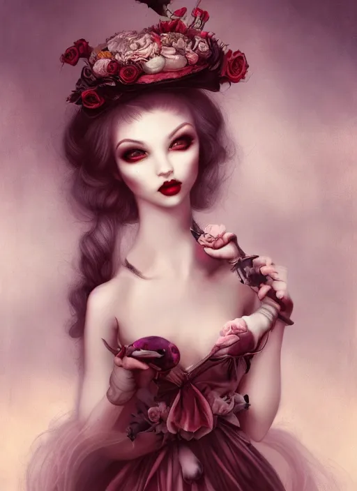 Image similar to pop surrealism, lowbrow art, realistic cute seductive alice girl painting, romantic gown, hyper realism, muted colours, rococo, natalie shau, loreta lux, tom bagshaw, mark ryden, trevor brown style,