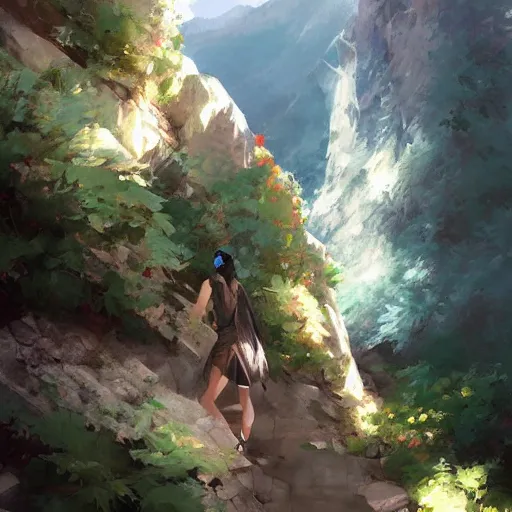 Prompt: Time to climb the mountain path, digital art by Krenz Cushart