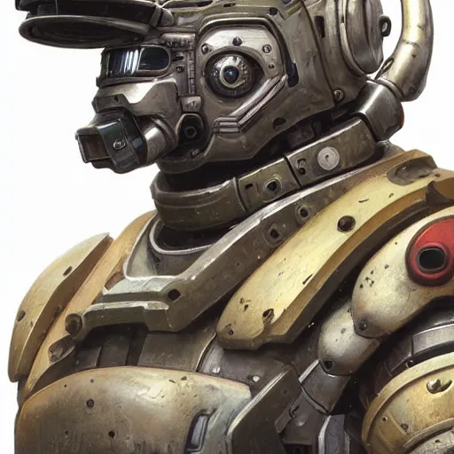 Image similar to the doomslayer as anthropomorphic smiling shiba inu a realistic scifi cyberpunk power armor robot, closeup portrait art by donato giancola and greg rutkowski, vintage retro scifi, realistic face, digital art, trending on artstation, symmetry