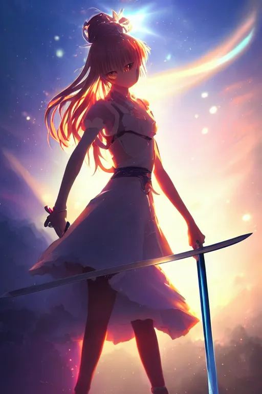 Image similar to Anime key visual of a young lady holding her sword in the air with a beam of light shining on it, intricate, magical island, stunning, digital painting, artstation, illustration, graphic design, soft lighting, sword reflection, art by Viktor Berendeev