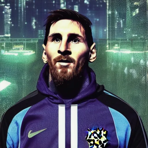 Prompt: messi, cyberpunk aesthetic, soccer, bright