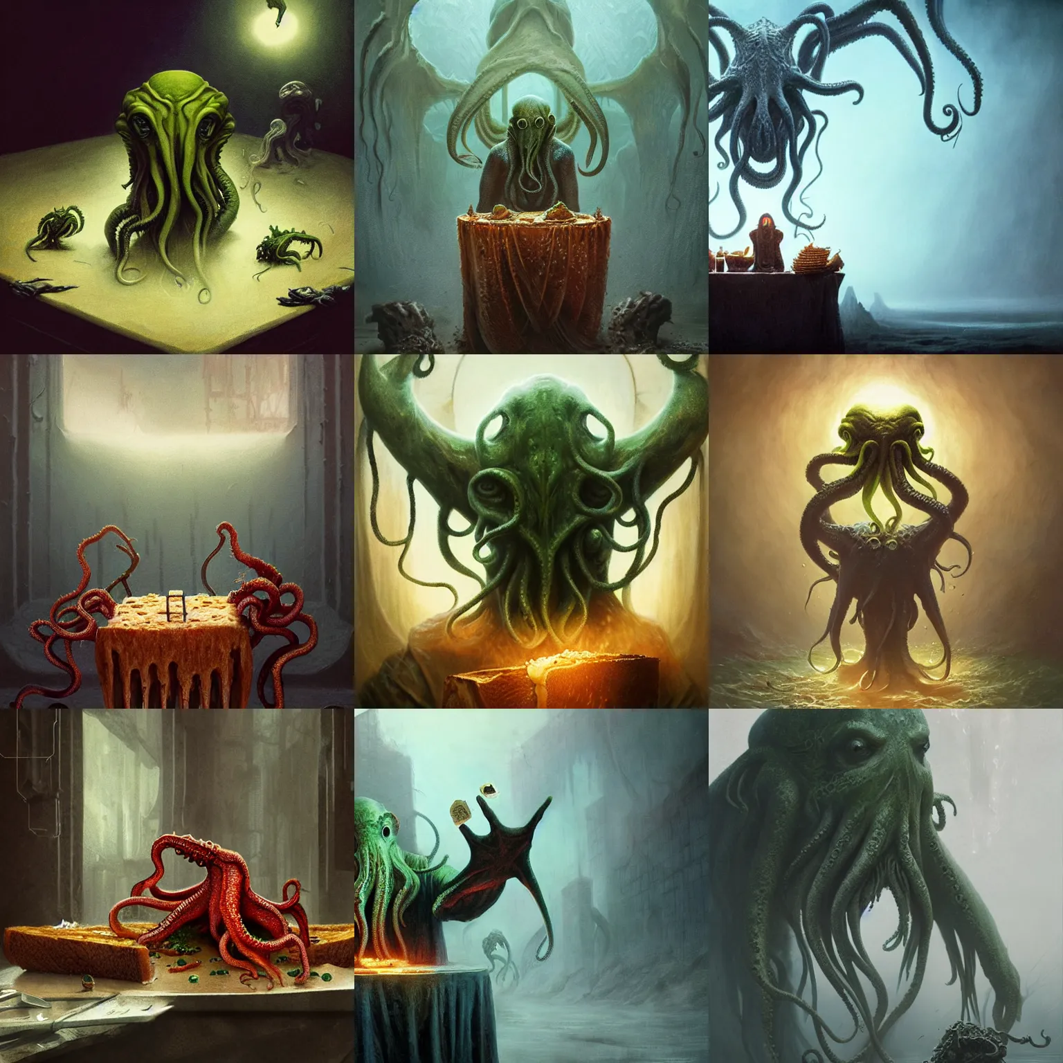 Prompt: Cthulhu eating toast, art by greg rutkowski and Zdzislaw Beksinski, good clear quality, lighting, horror, biology, symmetrical artwork, tentacles, Cthulhu Mythos, 135 mm, cinematic, hyper realism, high detail, octane render, 8k, chrome accents