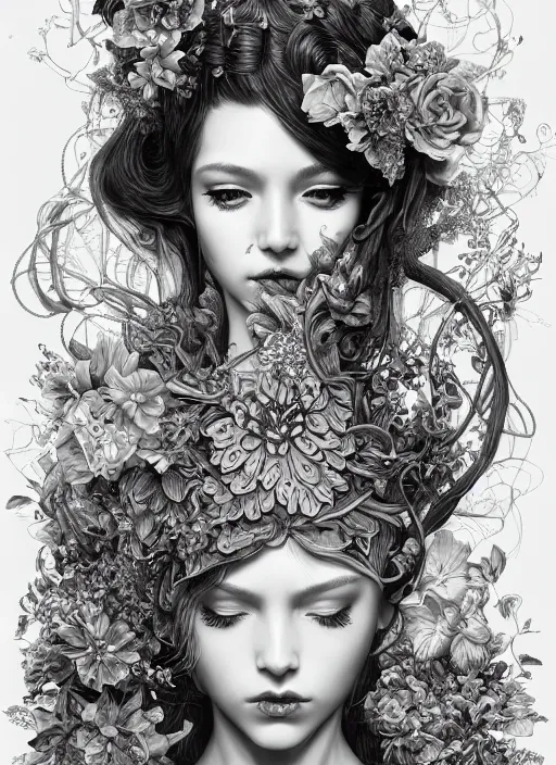 Image similar to the portrait of an unbelievably beautiful, elegant, sensual, and sophisticated young woman, an ultrafine detailed illustration by james jean, intricate linework, bright colors, final fantasy, behance contest winner, vanitas, angular, altermodern, unreal engine 5 highly rendered, ethereal, ominous, detailed and intricate environment