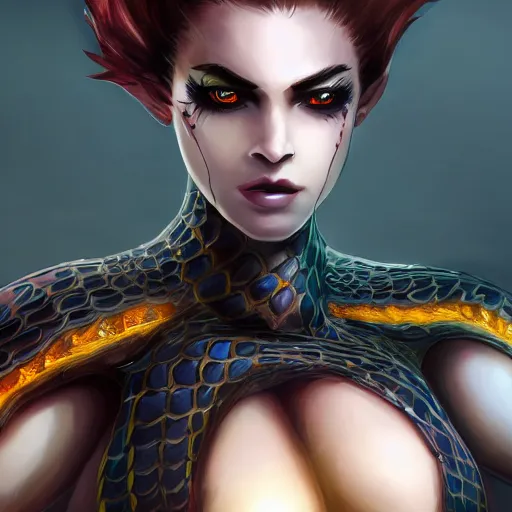 Image similar to snake human hybrid, chest up human lower half snake, black scales, bright amber eyes, chest covered in scales, scales on her chest, formless brests, flat chest, smileing nright, cinematographic shot, artstation, haahn trinh, naga