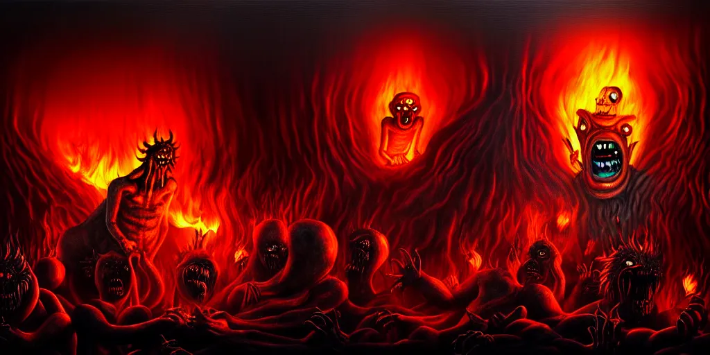 Image similar to repressed emotion creatures and monsters at the mouth of hell, dramatic lighting glow from giant fire, attempting to escape and start a revolution, in a dark surreal painting by ronny khalil