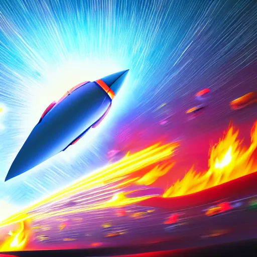 Image similar to Rocket ship, motion blur, explosion, fire, space, digital art