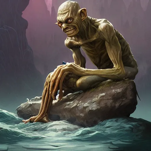 Image similar to gollum sitting on a rock eating a fish, by peter mohrbacher dan mumford craig mullins nekro, cgsociety, pixiv, volumetric light, 3 d render, smoke, dark fog, high contrast colors