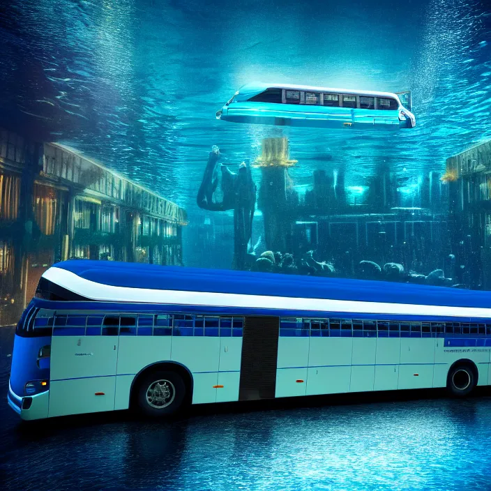 Prompt: hyper realistic, high detail photo of atlantis bus, underwater, lights on buildings, beautiful, dreary lighting