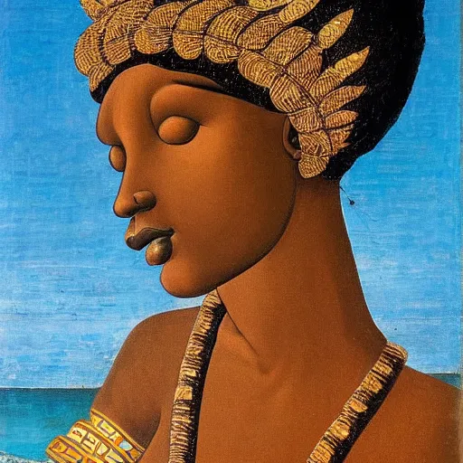Prompt: Botticelli Black African goddess