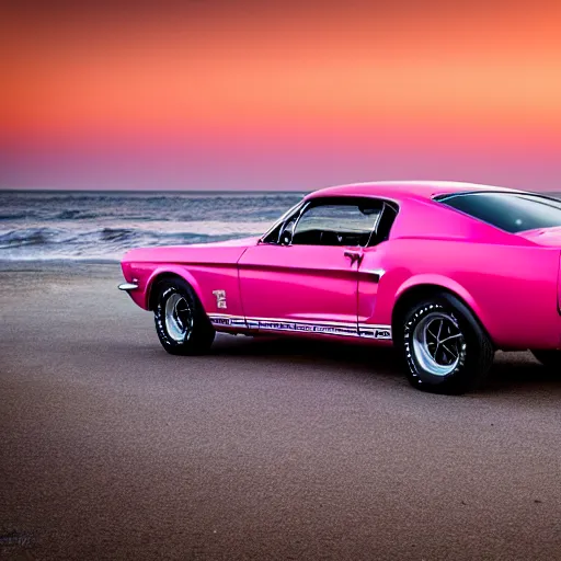 Image similar to long shot of 1967 Ford mustang Shelby GT500 in pink color at sunset in front a beach, 4k, amazing reflection, HD Photography