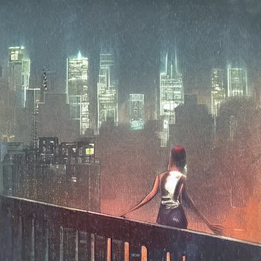 Image similar to “ a girl on a ledge overlooking futuristic new york city, ghostpunk, heavy rain, high detail, by moebius ”