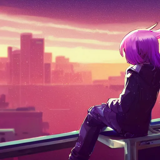 Prompt: android mechanical cyborg anime girl child overlooking overcrowded urban dystopia sitting. Pastel pink clouds baby blue sky. Gigantic future city. Raining. Makoto Shinkai. Wide angle. Distant shot. Purple sunset. Sunset ocean reflection. Pink hair. Pink and white hoodie. robotic wired knee. Cyberpunk. featured on artstation. white sweater.
