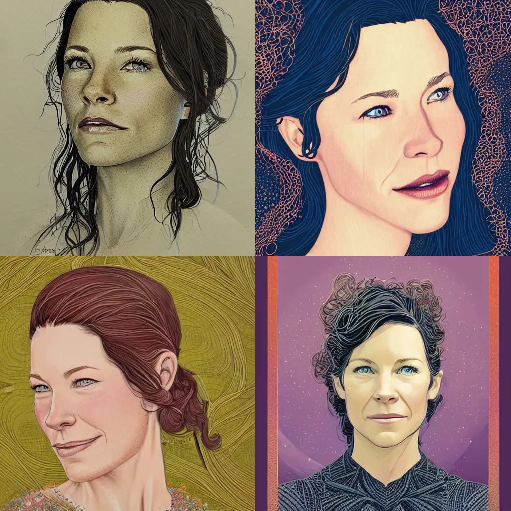 Prompt: portrait of Evangeline Lilly, photorealistic, in the style of Victo Ngai