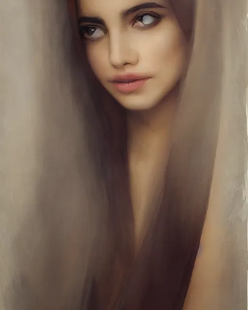 Image similar to a highly realistic, true to life portrait of a beautiful young middle eastern girl, soft focus, from the waist up, with sharp features, a beautiful face, soft smile, under studio lighting, taken with a canon eos camera with 1 3 5 mm focal length by karol bak, james jean, tom bagshaw, rococo, sharp focus, trending on artstation,