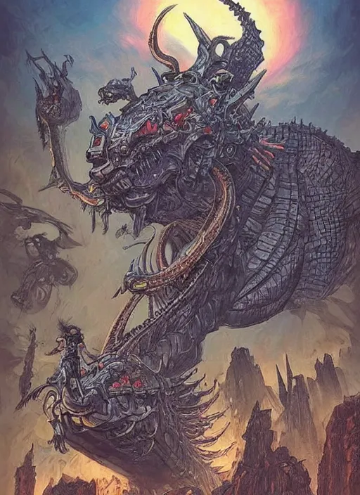 Image similar to intricate fantasy comic book drawing of a ( giant mechanical dragon ) over a ( stronghold castle ) by dariusz zawadski and simon stalenhag, simon bisley!, jack kirby!!! and gris grimly, cinematic, epic, awesome color palette