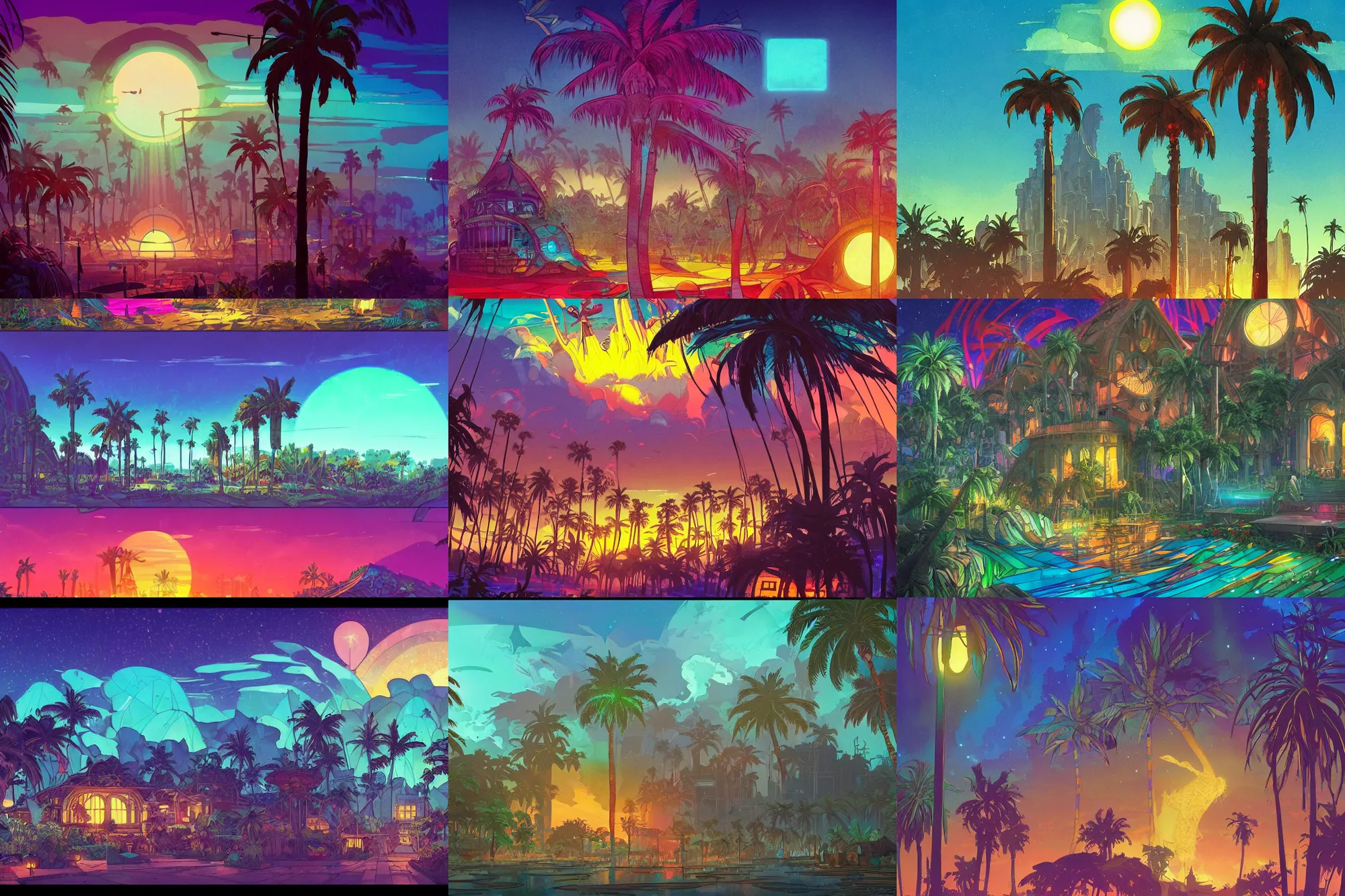 Prompt: stained glass!!, residence, universe!!!!, palm trees, infographic with illustrations!!!, glowing lights, epic fantasy, colorfully, digital art, highly saturated colors, concept art, detailed illustration, hd, 4 k, digital art, greg rutkowski, dan mumford, studio ghibli trending on artstation