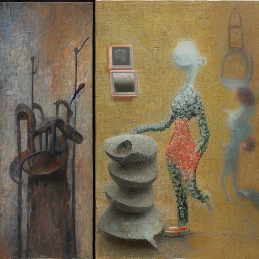 Image similar to a detailed, impasto painting by shaun tan and louise bourgeois of an abstract forgotten sculpture by ivan seal and the caretaker, folk