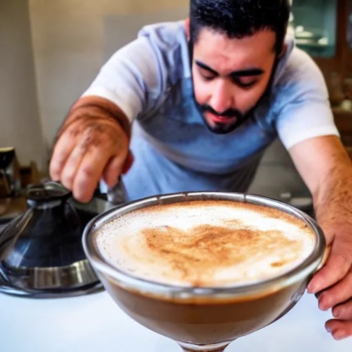 Image similar to a short middle eastern man makes a cappuccino