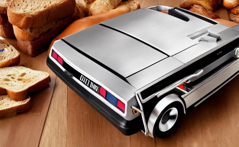 Image similar to a time-traveling delorean styled toaster with toast, bread inserted into slot, glowing heating coils, stainless steel, professional product shot, magazine ad