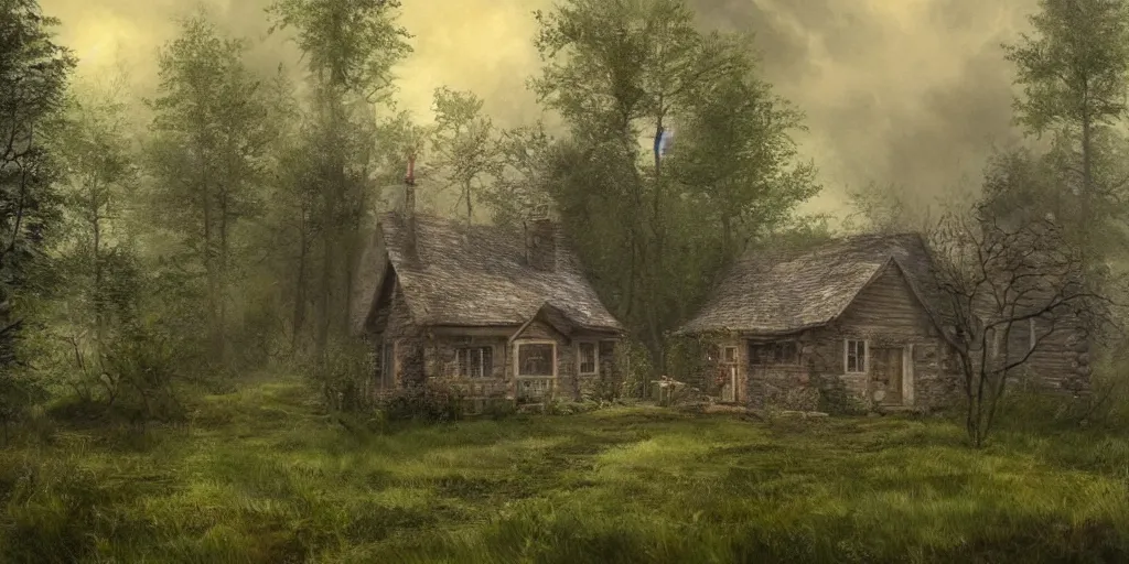 Image similar to a painting of a cottage in the woods and empty woods, 8k, fantasy, hyper realistic, atmospheric, cinematic