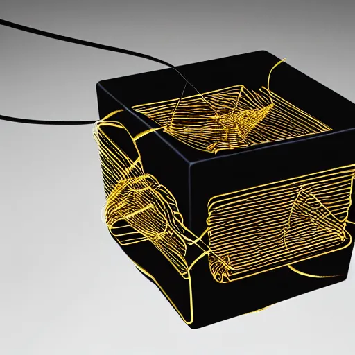Prompt: a single black cube with shiny golden wire around the cube, pulsing with light from the inside