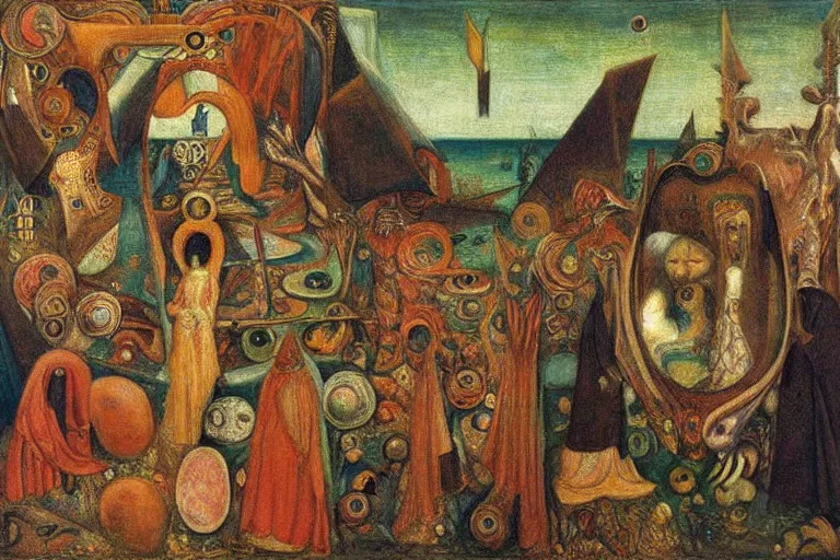 Image similar to the wake of the unseen object,by Leonora Carrington and ford madox brown, symbolist, dramatic lighting, elaborate geometric ornament, cool blue and green colors, Art Brut, smooth, sharp focus, extremely detailed