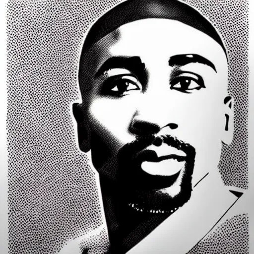 Image similar to tupac portrait, drawn with dots, art, minimalist,